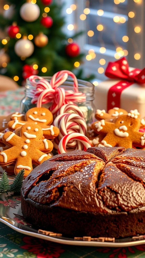 A variety of Christmas baked treats including gingerbread cookies, peppermint bark, and fruitcake on a decorated table.